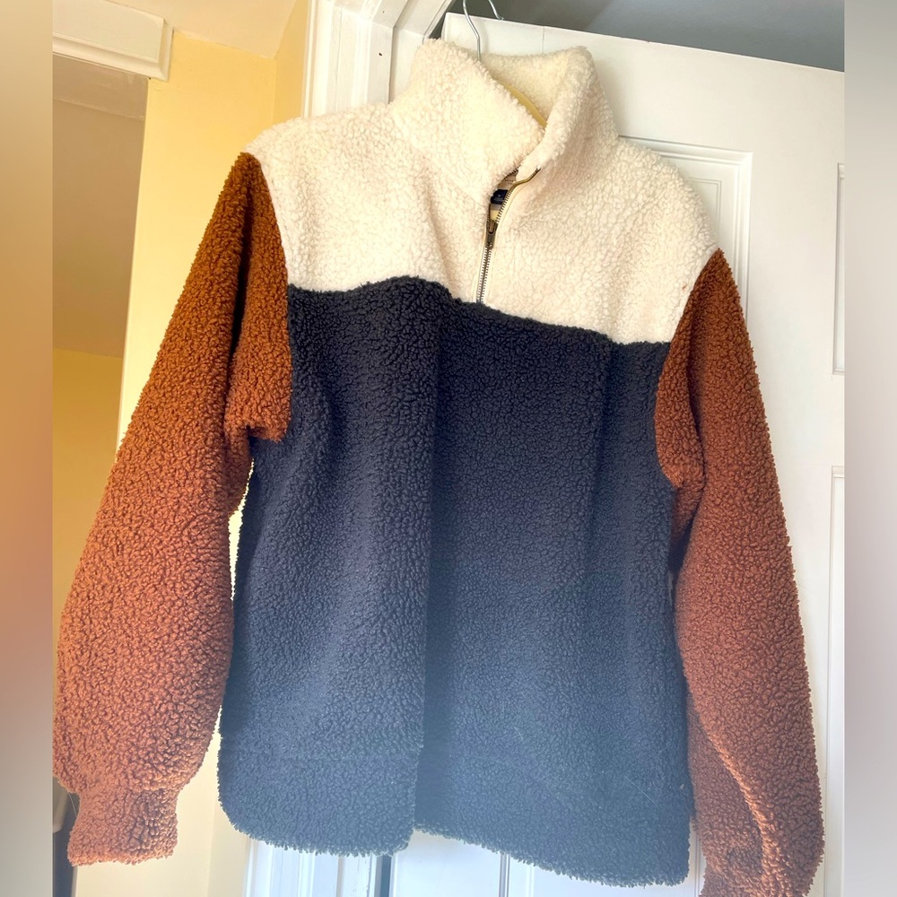 Color block, quarter zip, balloon sleeve teddy Sherpa